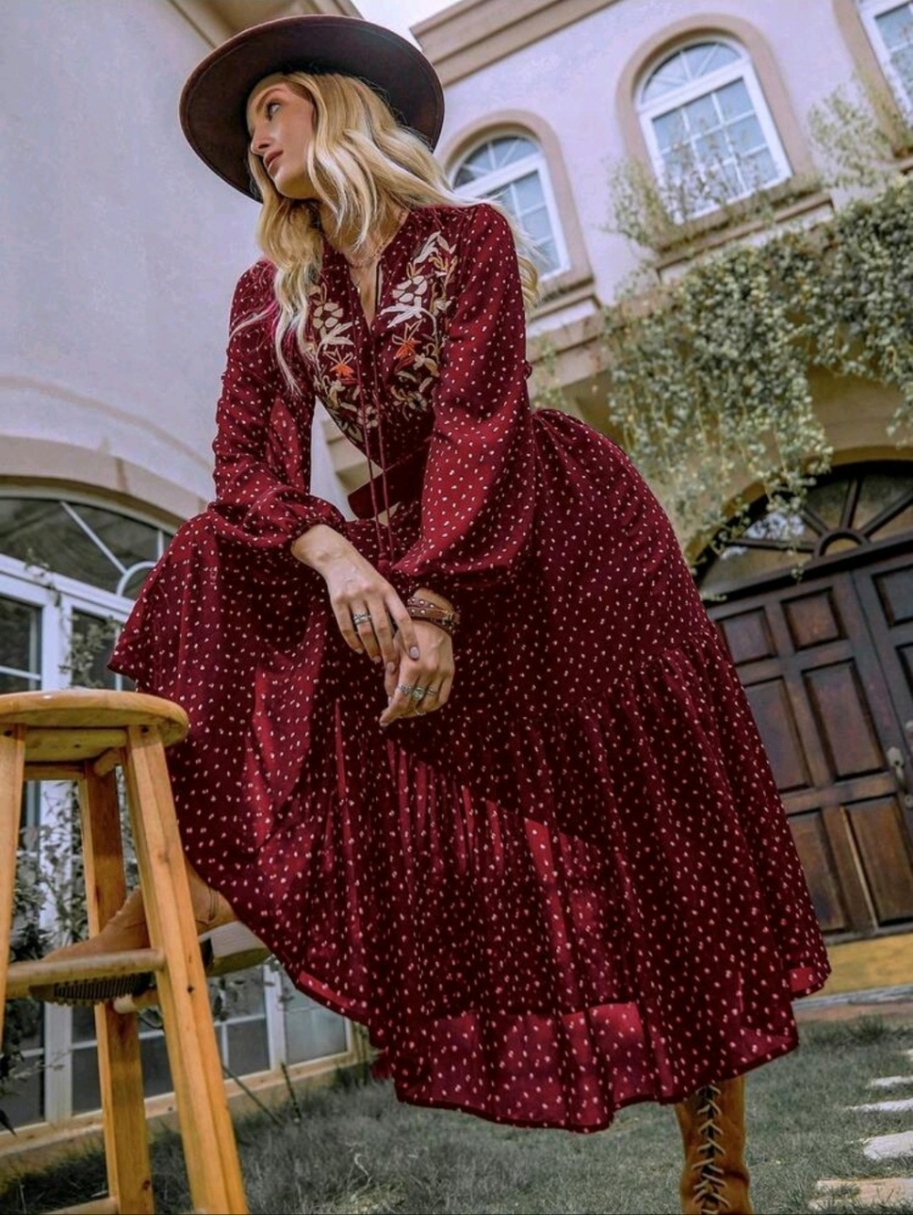 Women's Burgundy Long Sleeve Boho Maxi Dress - Picture 5 of 14